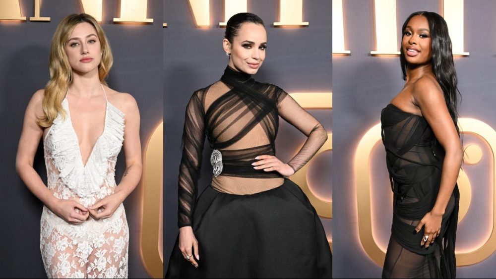 Lili Reinhart, Sofia Carson and Coco Jones at Vanity Fair and Instagram's Vanities party on Feb. 26 in Los Angeles, sheer trend, Stéphane Rolland, Chopard, red carpet, young hollywood, Jimmy Choo