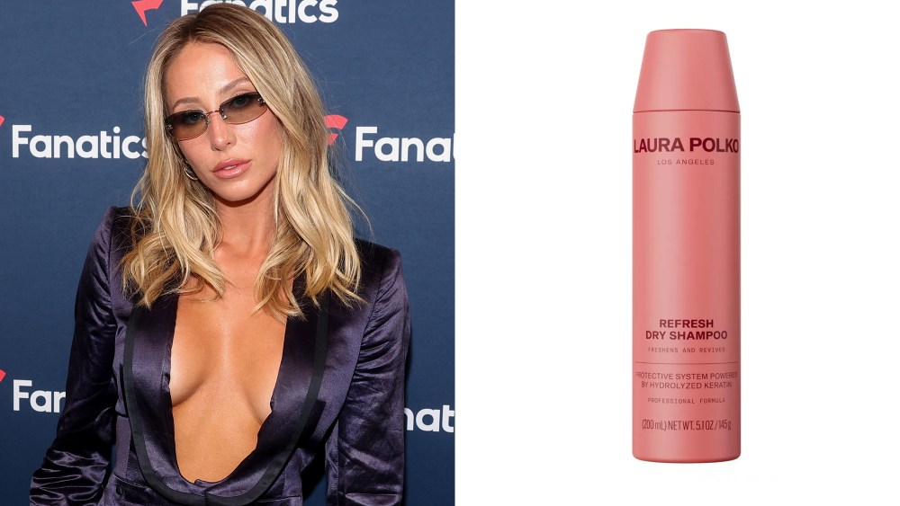 alix earle posing with rimless sunglasses and a deep cut blazer; dry shampoo bottle from the brand laura polko