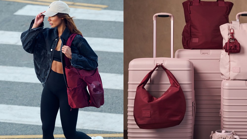 woman in athleisure with a burgundy bag from beis; beis luggage assortment, including carry-on rollers and tote bags