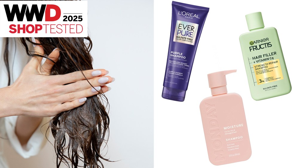 woman putting shampoo through her brown hair; three drugstore shampoos arranged over a white background
