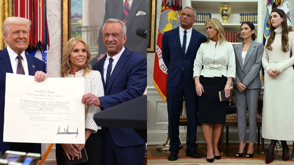 Robert F. Kennedy Jr. (L), his wife Cheryl Hines (2nd L) and family members listen to U.S. President Donald Trump before a swearing-in ceremony for Kennedy as Secretary of Health and Human Services.