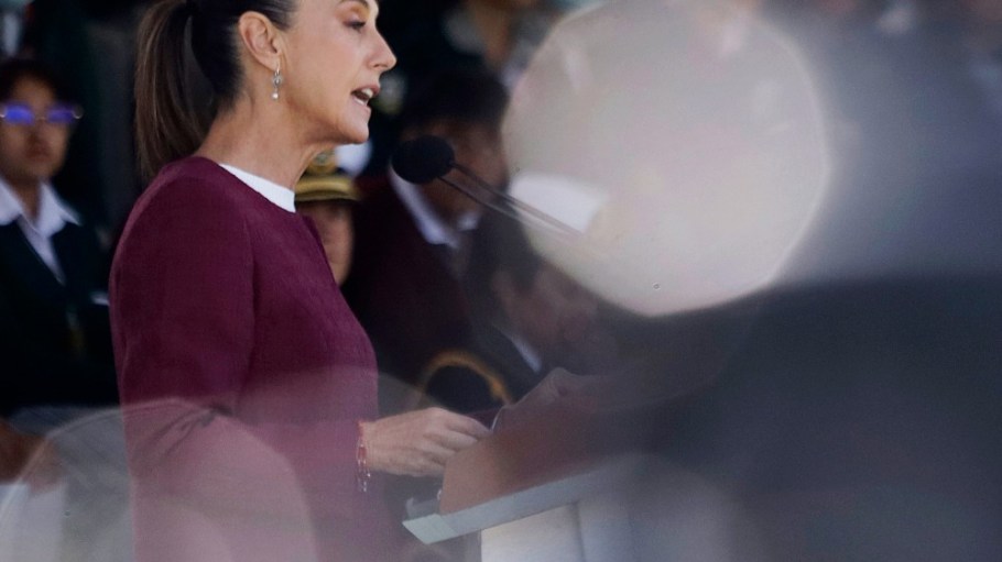 Claudia Sheinbaum, President of Mexico, leads the ceremony on Mexican Flag Day at the Campo Marte in Mexico City on Monday.
