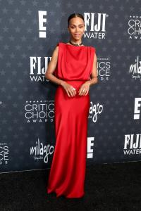 Zoe Saldana at the 30th Annual Critics Choice Awards held at The Barker Hangar on February 7, 2025 in Santa Monica, California.