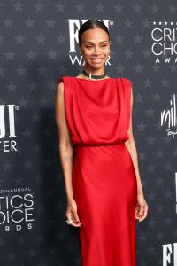 Zoe Saldana at the 30th Annual Critics Choice Awards held at The Barker Hangar on February 7, 2025 in Santa Monica, California.