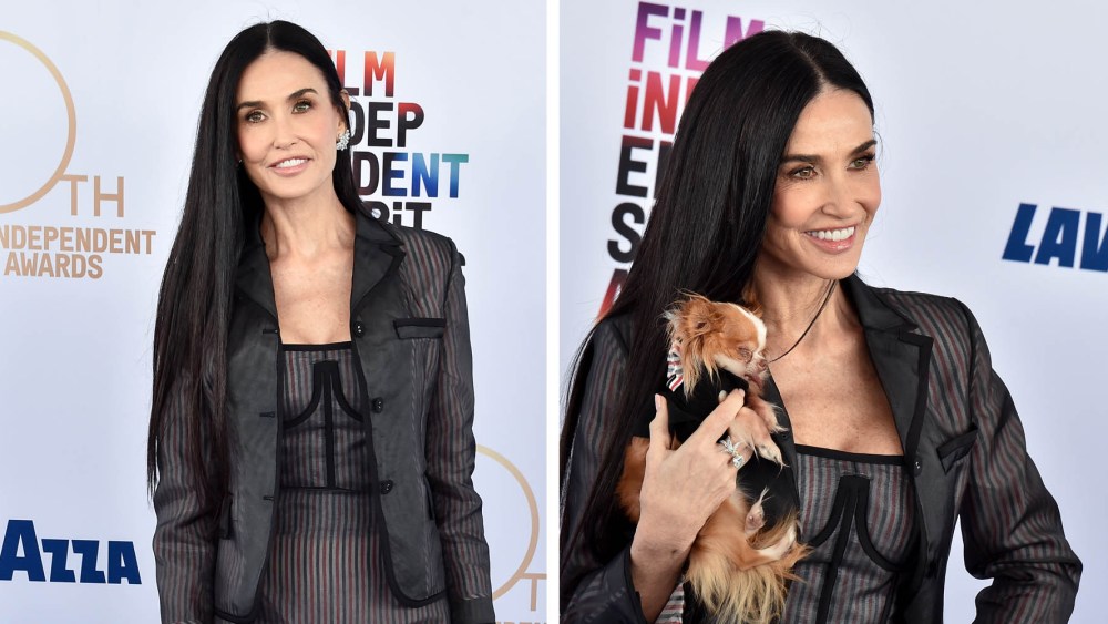 Demi Moore wears thom browne sheer dress at 2025 Film Independent Spirit Awards - Arrivals on February 22, 2025 in Santa Monica, California.