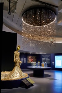 A dress from Guo Pei’s fall 2016 haute couture collection “Encounter” displayed alongside meteorites in the “Golden Thread” exhibition in Paris.