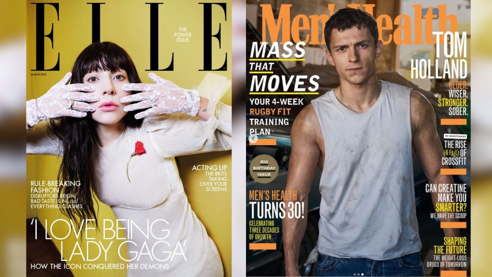Lady Gaga on the cover of Elle U.K. and Tom Holland on the cover of Men's Health.