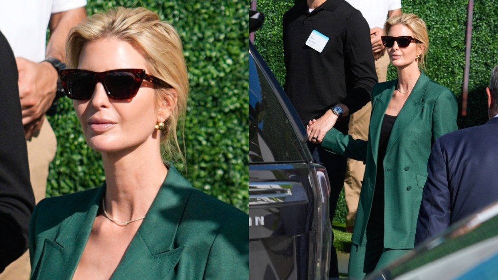Jared Kushner and Ivanka Trump wearing celine sunglasses and green suit are seen on February 06, 2025 in Miami, Florida.
