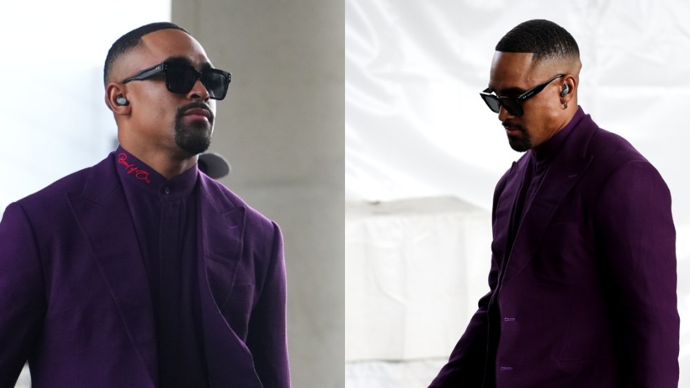 pregame outfit Jalen Hurts, Philadelphia Eagles, Super Bowl LIX, Kansas City Chiefs, New Orleans, purple suit