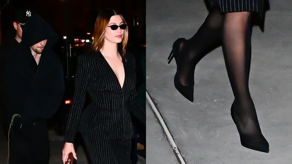 Hailey Bieber, Justin Bieber, New York, pumps, pinstripe, suit, tights
