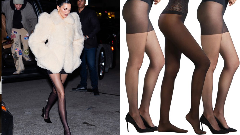 kendall jenner strutting on an NYC street while wearing a white fuzzy coat; three models displaying pairs of sheer tights