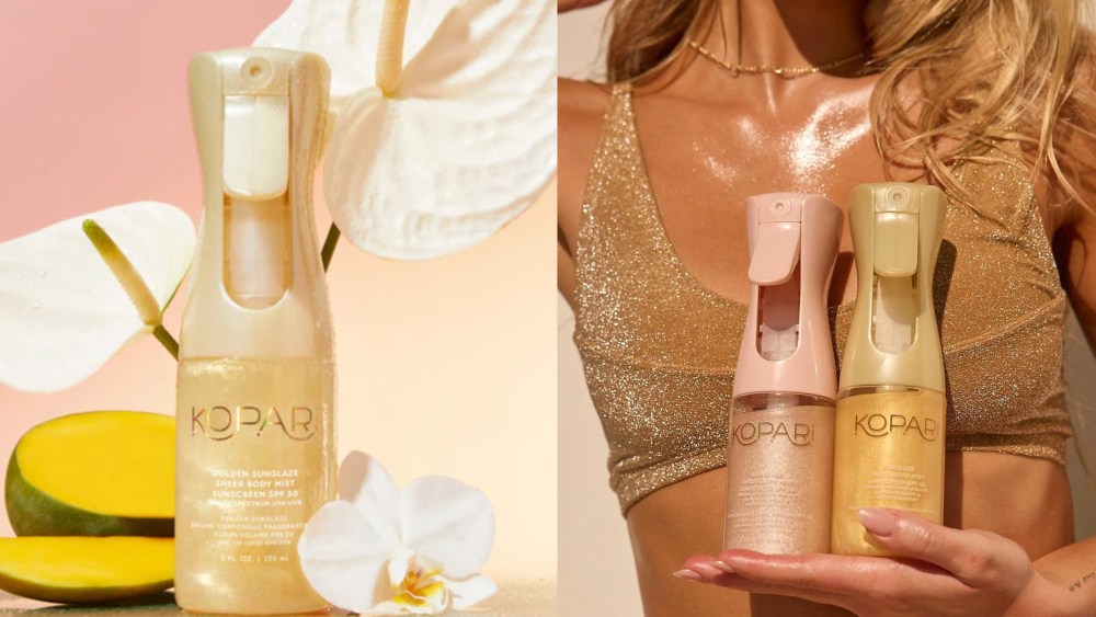 sunscreen mist shot next to fruit and flowers; a woman holding up two sunscreen mists in various packaging colors while wearing a bikini
