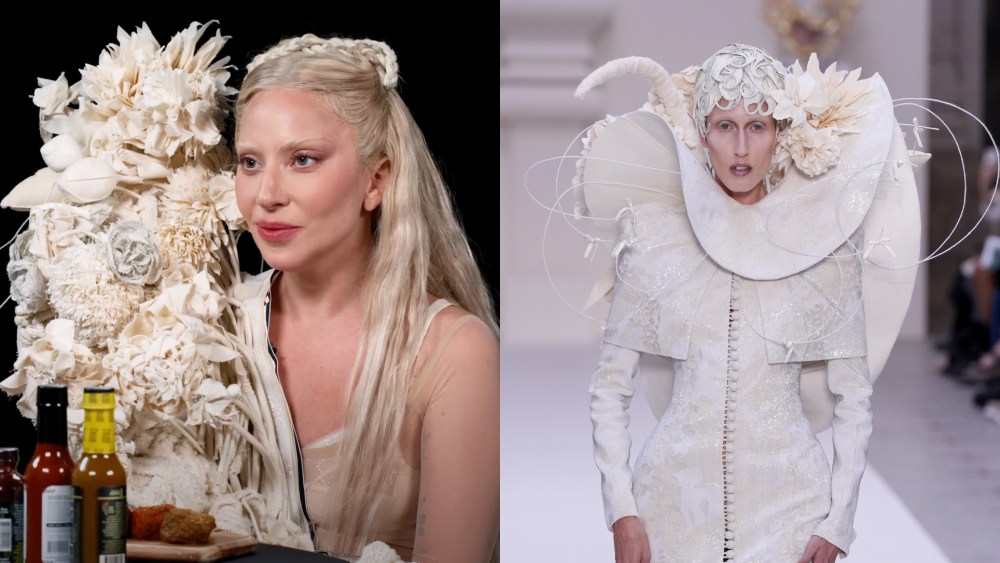 Lady Gaga in Hot Ones and a model at the Thom Browne's fall 2024 runway show.
