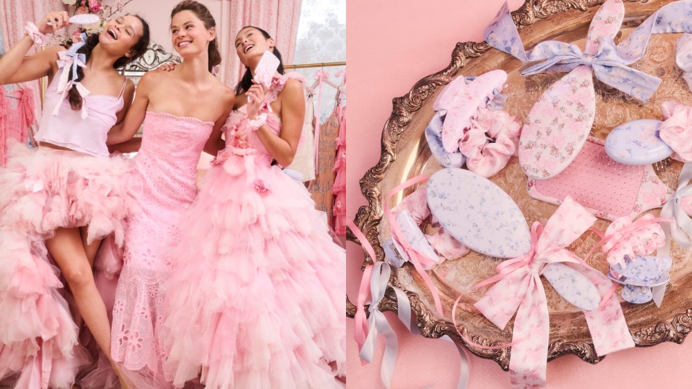 three women in gowns posing and laughing while holding hair brushes; feminine hair brushes in pastel colors with ribbons on them