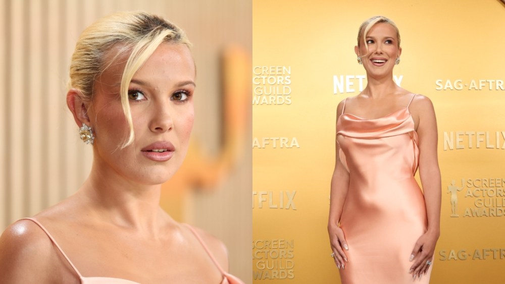 Millie Bobby Brown pink louis vuitton dress, SAG Awards, 2025, red carpet, blond hair