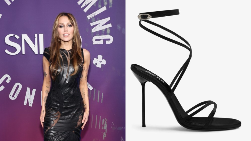 Miley Cyrus, Paris Texas, sandals, gladiator, satin, Roberto Cavalli, SNL, red carpet, Radio City Music Hall, leather