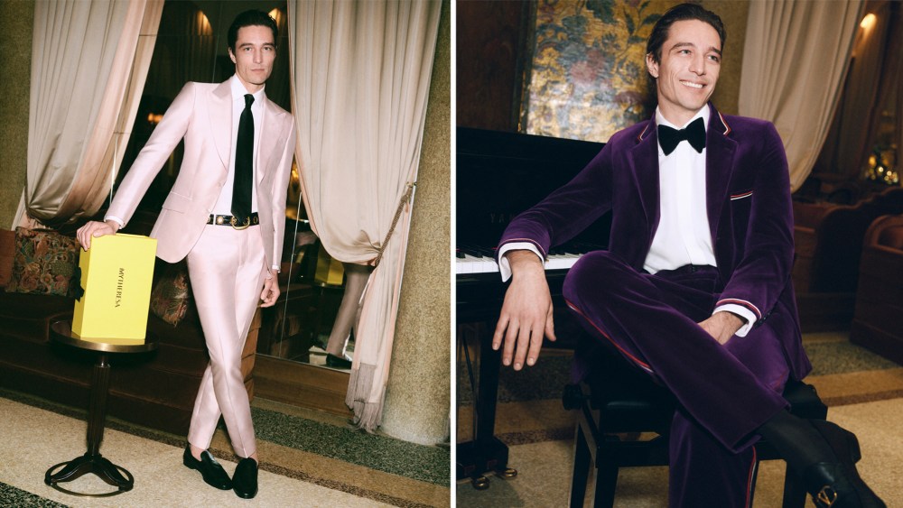 From Mytheresa's Award Season Tailoring Campaign, a Tom Ford Champagne suit, and Valentino tuxedo