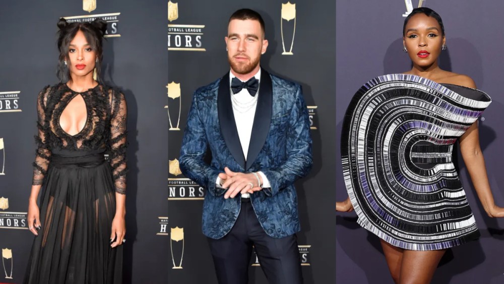 (L-R): Ciara, Travis Kelce and Janelle MOnae celebrate NFL Honors.