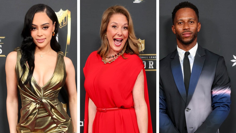 (L-R): Kristy Scott, Randi Mahomes and Victor Cruz at the 14th Annual NFL Honors held at Saenger Theatre on February 06, 2025 in New Orleans, Louisiana.