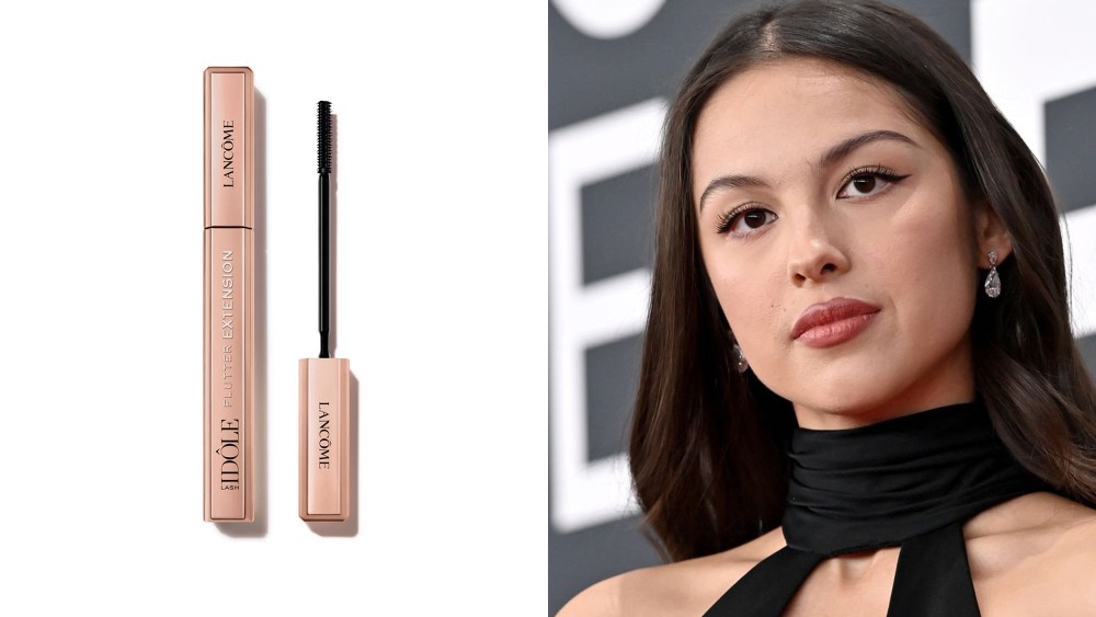 lancome mascara in a light pink tube over a white background; olivia rodrigo with a serious expression on her face on the grammys red carpet