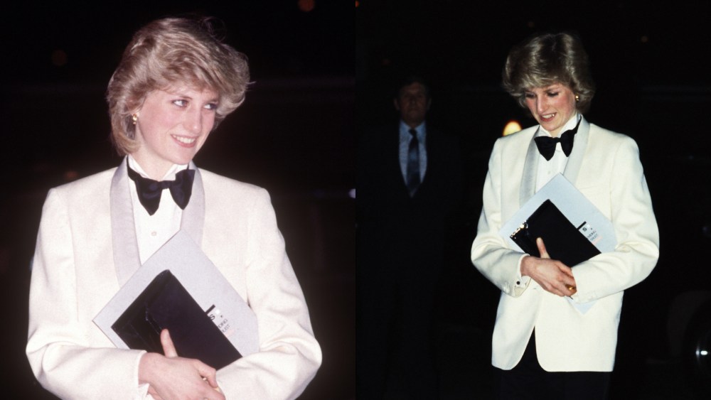 Princess Diana wearing a white tuxedo suit at a Genesis concert on Feb. 29, 1984, women in menswear inspired looks
