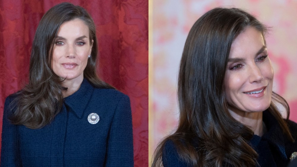 Queen Letizia of Spain, President of Egypt, navy tweed skirt suit, Madrid, Heirloom Pearl Brooch