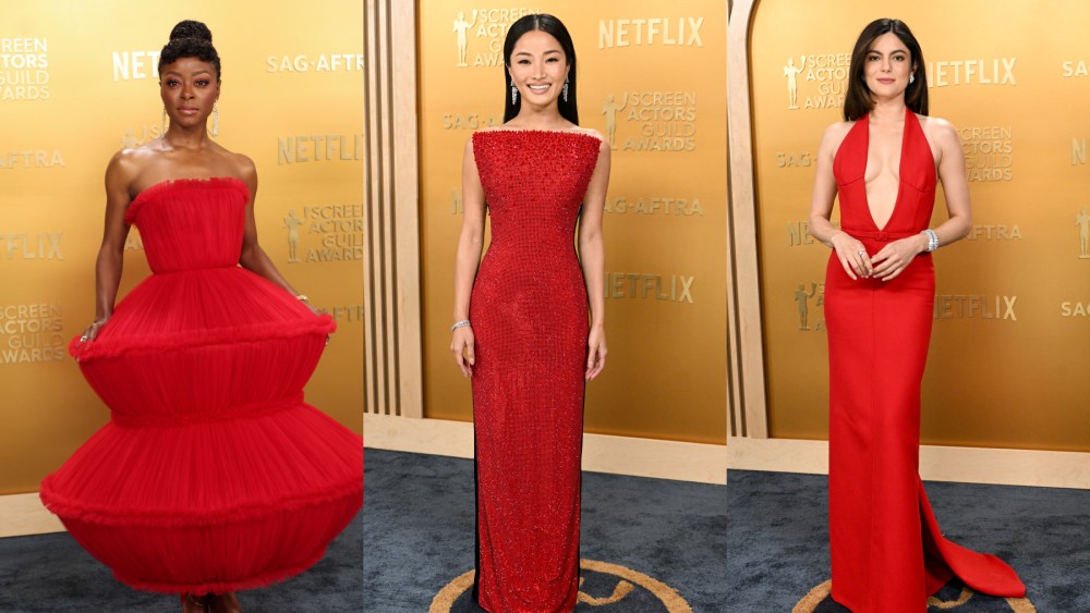 Danielle Deadwyler, Anna Sawai, and Monica Barbaro at the 31st Screen Actors Guild Awards held at Shrine Auditorium and Expo Hall on February 23, 2025 in Los Angeles, California, red dresses