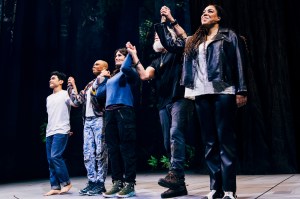 Zachary Noah Piser, Khaila Wilcoxon, Idina Menzel, Michael Park and De'Adre Aziza