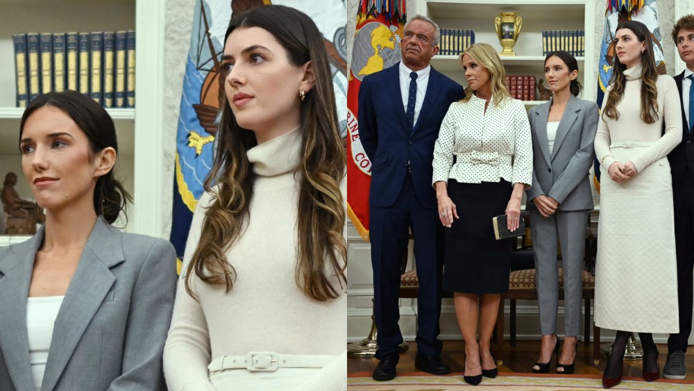 Robert F. Kennedy Jr. (L), his wife Cheryl Hines (2nd L) and children members listen to U.S. President Donald Trump before a swearing-in ceremony for Kennedy as Secretary of Health and Human Services.