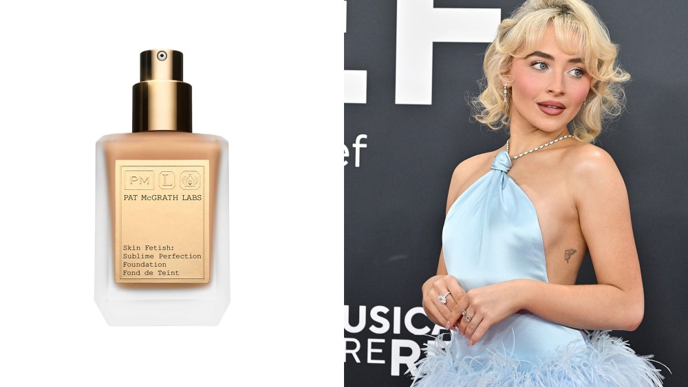 foundation in a bottle over a white background; sabrina carpenter looking off into the distance while wearing a baby blue dress