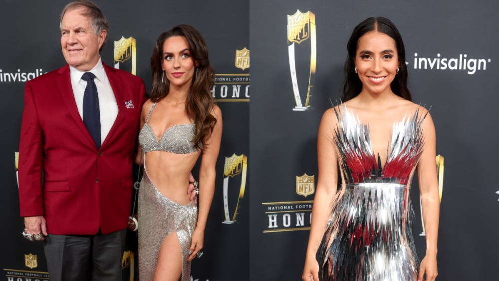 Bill Belichick girlfriend Jordon Hudson, silver dress trends, metallics, Diana Flores at the 14th Annual NFL Honors held at Saenger Theatre on February 06, 2025 in New Orleans, Louisiana.