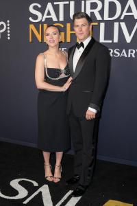 Scarlett Johansson, Colin Jost at SNL50: The Anniversary Special at 30 Rockefeller Plaza on February 16, 2025 in New York, New York.