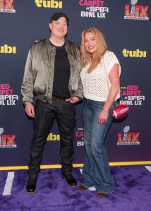 Brendan Fraser, Jeanne Moore at the Tubi Red Carpet during Super Bowl LIX at Caesars Superdome on February 09, 2025 in New Orleans, Louisiana.