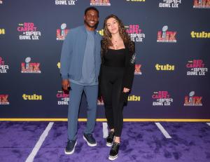 Reggie Bush, Lilit Bush at the Tubi Red Carpet during Super Bowl LIX at Caesars Superdome on February 09, 2025 in New Orleans, Louisiana.