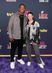 C.J. Ham, Stephanie Ham at the Tubi Red Carpet during Super Bowl LIX at Caesars Superdome on February 09, 2025 in New Orleans, Louisiana.