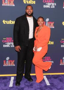 Jeffery Simmons, Kennedy Lewis at the Tubi Red Carpet during Super Bowl LIX at Caesars Superdome on February 09, 2025 in New Orleans, Louisiana.