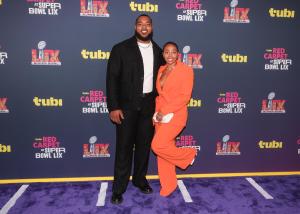 Jeffery Simmons, Kennedy Lewis at the Tubi Red Carpet during Super Bowl LIX at Caesars Superdome on February 09, 2025 in New Orleans, Louisiana.