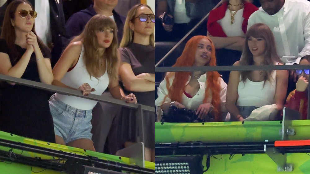 travis kelce girlfriend Taylor Swift shorts outfit at the Super Bowl 2025, ice spice