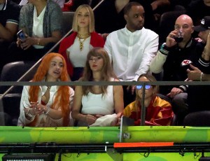 NEW ORLEANS, LOUISIANA - FEBRUARY 09: (L-R) Ice Spice, Ashley Avignone, and Taylor Swift attend Super Bowl LIX at Caesars Superdome on February 09, 2025 in New Orleans, Louisiana. (Photo by Jamie Squire/Getty Images)