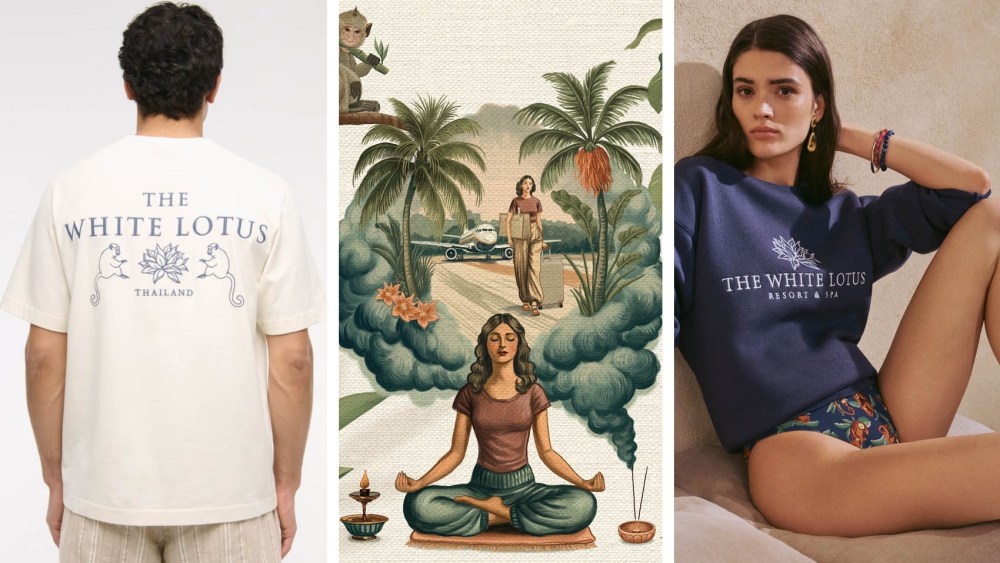 (L-R): Abercrombie & Fitch x The White Lotus; Away x The White Lotus and Bloomingdale’s The White Lotus x Aqua collections, fashion collaborations