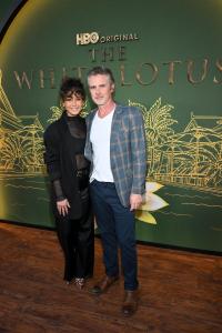 Emmanuelle Chriqui, Sam Trammell at "The White Lotus" Season 3 Los Angeles Premiere held at Paramount Studios on February 10, 2025 in Los Angeles, California.