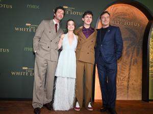 Patrick Schwarzenegger, Sarah Catherine Hook, Sam Nivola, Jason Isaacs at "The White Lotus" Season 3 Los Angeles Premiere held at Paramount Studios on February 10, 2025 in Los Angeles, California.