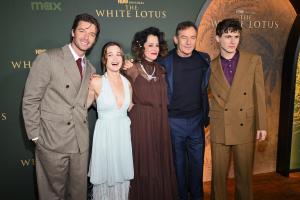 Patrick Schwarzenegger, Sarah Catherine Hook, Parker Posey, Jason Isaacs, Sam Nivola at "The White Lotus" Season 3 Los Angeles Premiere held at Paramount Studios on February 10, 2025 in Los Angeles, California.