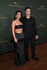 Emeraude Toubia, Arnas Fedaravičius at "The White Lotus" Season 3 Los Angeles Premiere held at Paramount Studios on February 10, 2025 in Los Angeles, California.