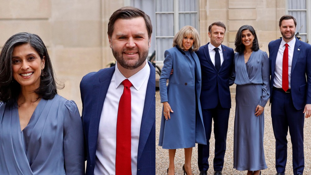 French President Emmanuel Macron and his wife Brigitte Macron welcome U.S. Vice President JD Vance and his wife Usha Vance before a working lunch, on the sidelines of the Artificial Intelligence (AI) Action Summit on Feb. 11, 2025 in Paris.