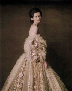Valentino haute couture tulle and velvet dress with ruffles and faille bow, crinoline and organza underskirt.
