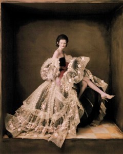 Valentino haute couture tulle and velvet dress with ruffles and faille bow, crinoline and organza underskirt and brocade sandal mule.