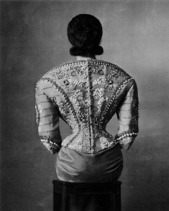 Schiaparelli haute couture off-the-shoulder jacket in stripes of velvet embroidery with rhinestones and pearls, and velvet column skirt.