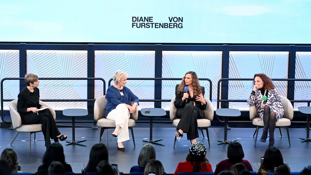 NEW YORK, NEW YORK - MARCH 07: (L-R) Cindi Leive, Tina Brown, Ms. Tina Knowles, and Diane von Furstenberg speak onstage during Diane von Furstenberg Celebrates IWD, presented by YouTube and JPMorganChase on March 07, 2025 in New York City. (Photo by Dave Kotinsky/Getty Images for Diane von Furstenberg, YouTube and JPMorganChase)