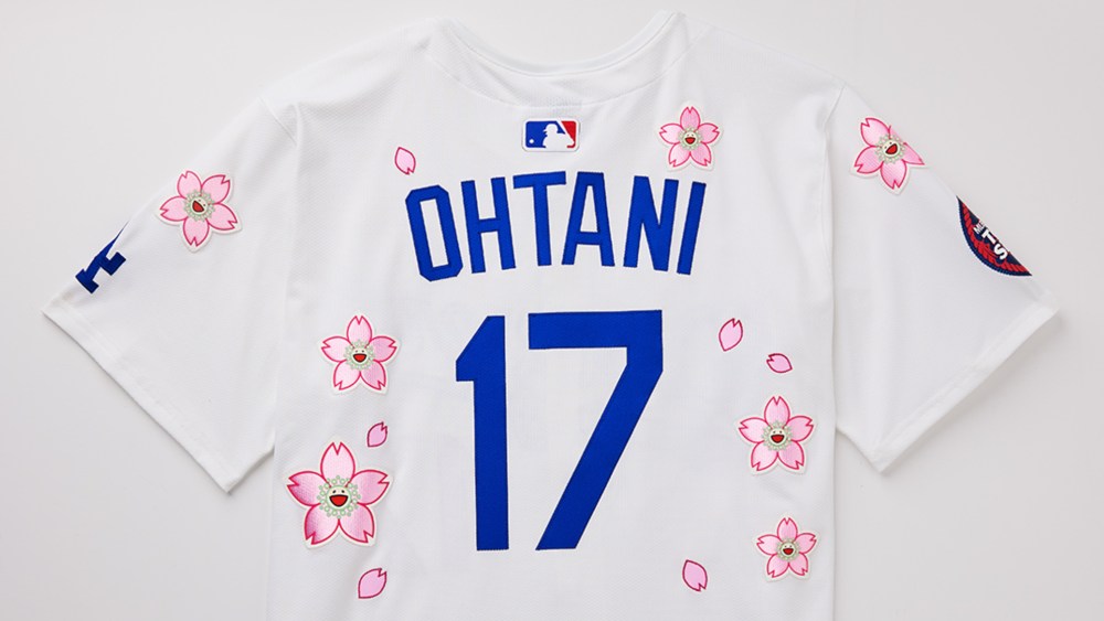 The Dodgers jersey with Takashi Murakami's floral embellishments.